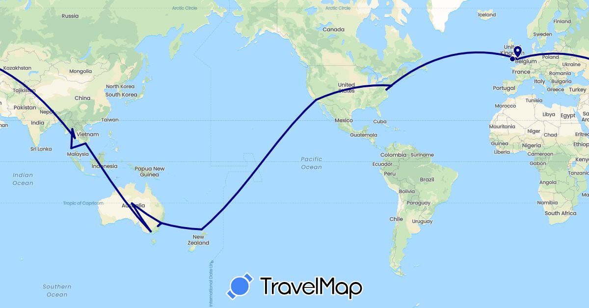 TravelMap itinerary: driving in Australia, United Kingdom, New Zealand, Thailand, United States, Vietnam (Asia, Europe, North America, Oceania)